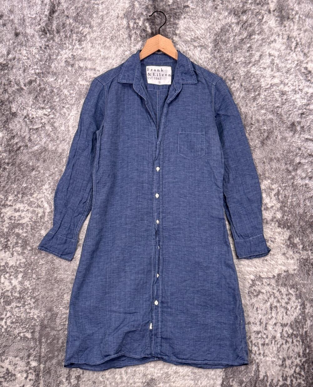Frank & Eileen Shirt Dress Small Womens 100% Linen Blue Chambray Button Down